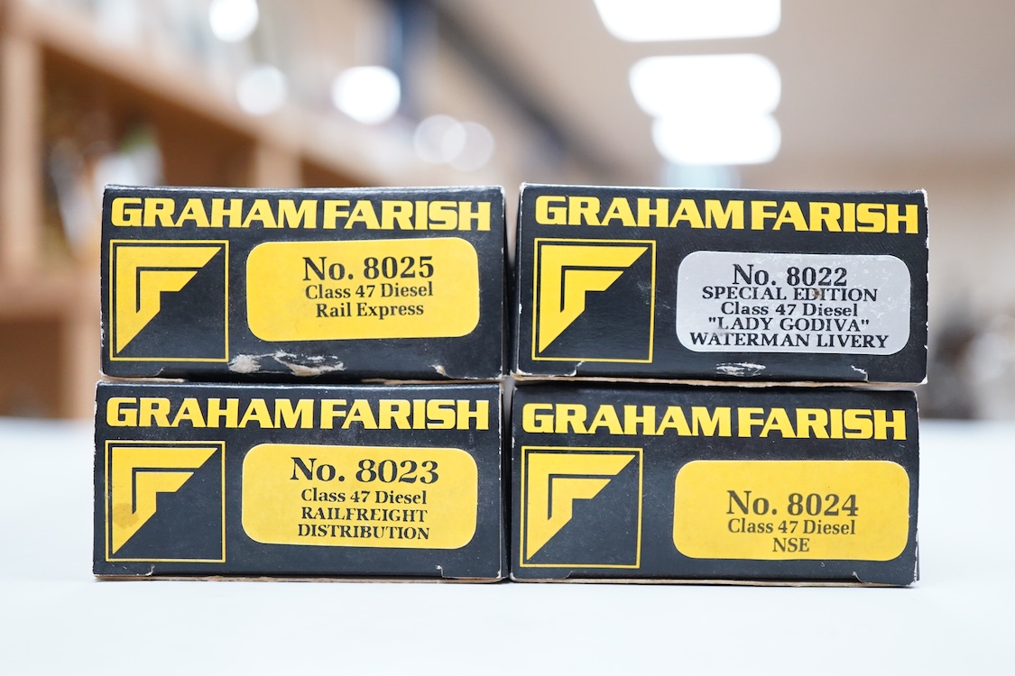 Four boxed Graham Farish N gauge railway Class 47 diesel locomotives; a Waterman Railways Heritage Class, Lady Godiva 47 710 (8022), a Network SouthEast, 47 598 (8024), a Rail Express, 47 594 (8025) and a Railfreight Dis